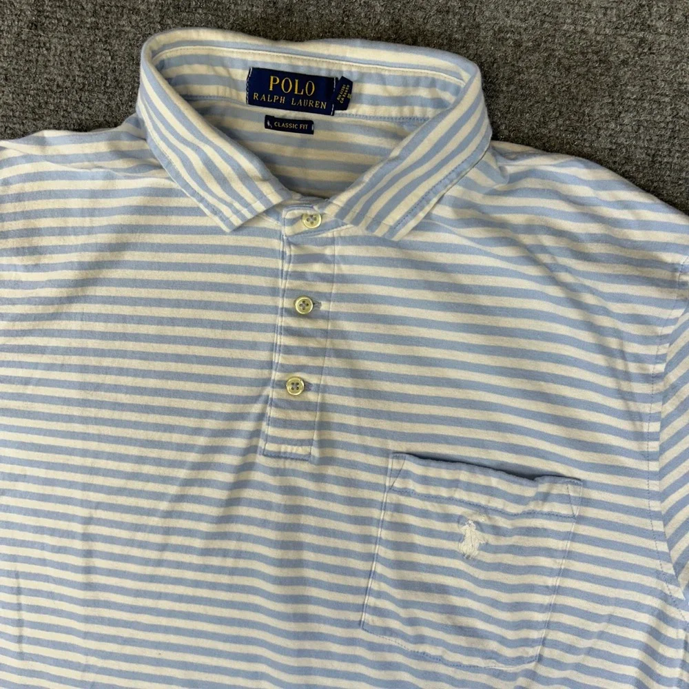 Polo Ralph Lauren Classic Fit Striped Pocket Polo Shirt Light Blue White Large
